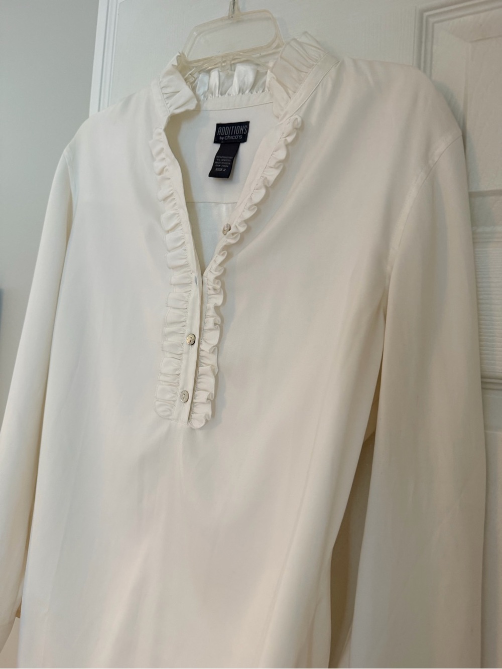 Chicos Cream Ruffle Split-Neck Women's Top - Picture 2 of 3